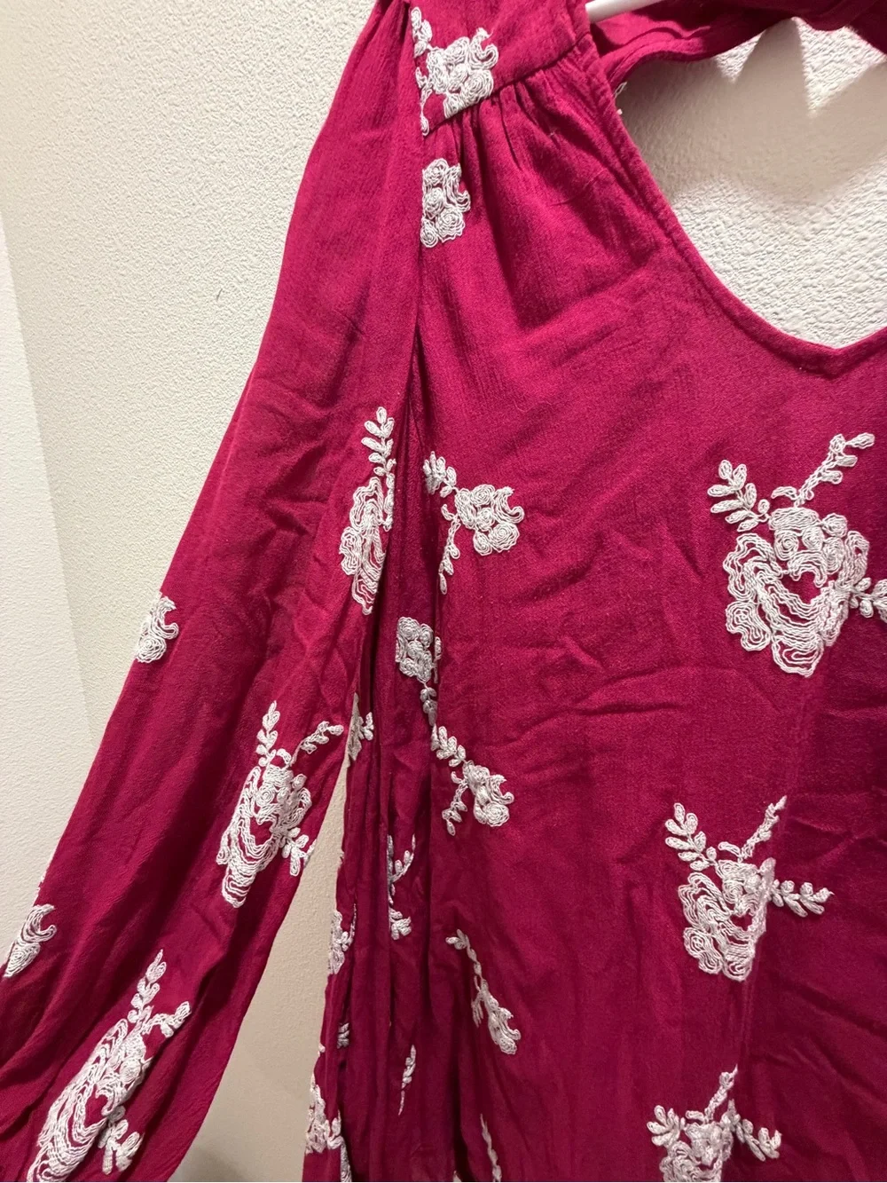 Free People Emma Swing Burgundy Embroidered Dress Long Sleeve